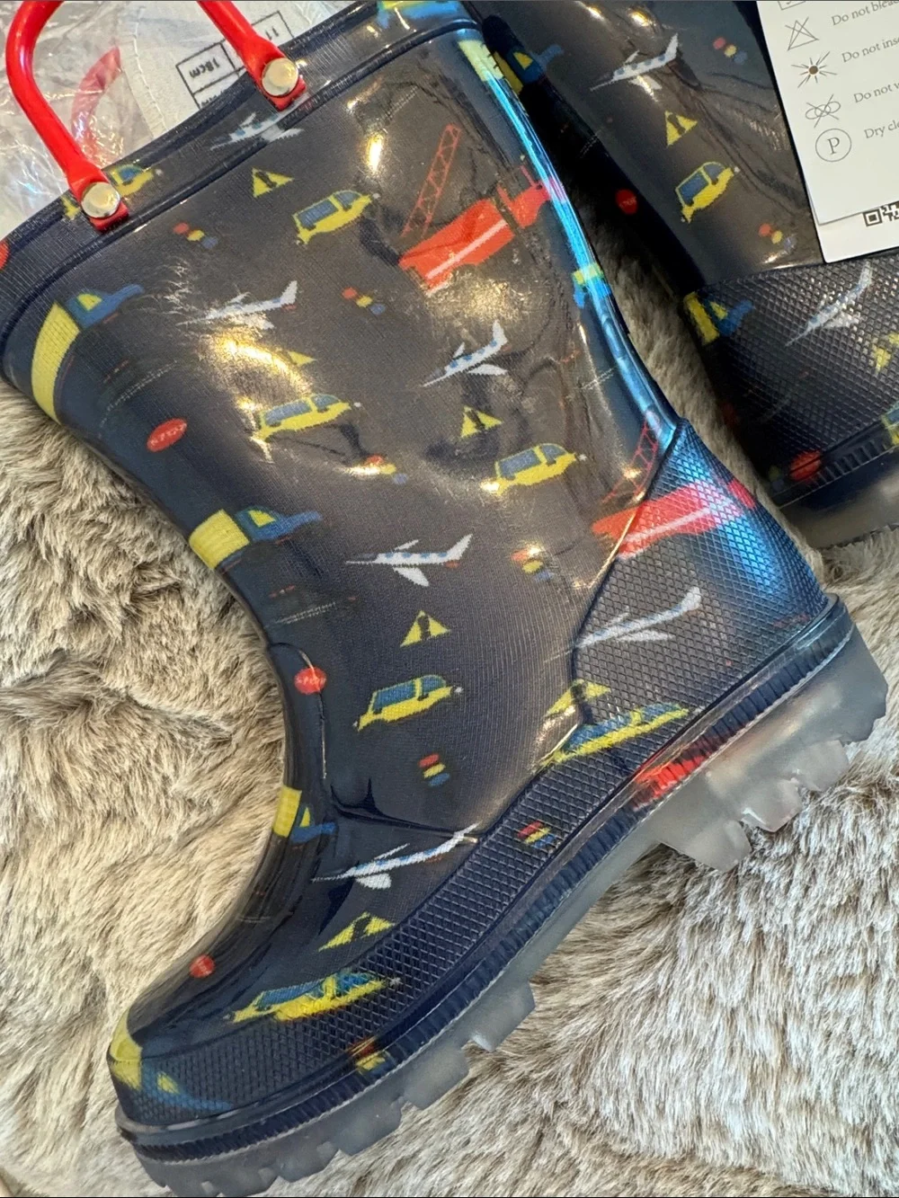 Kids Navy Rain Boots with Red and Yellow Vehicle Print. They light up!!!